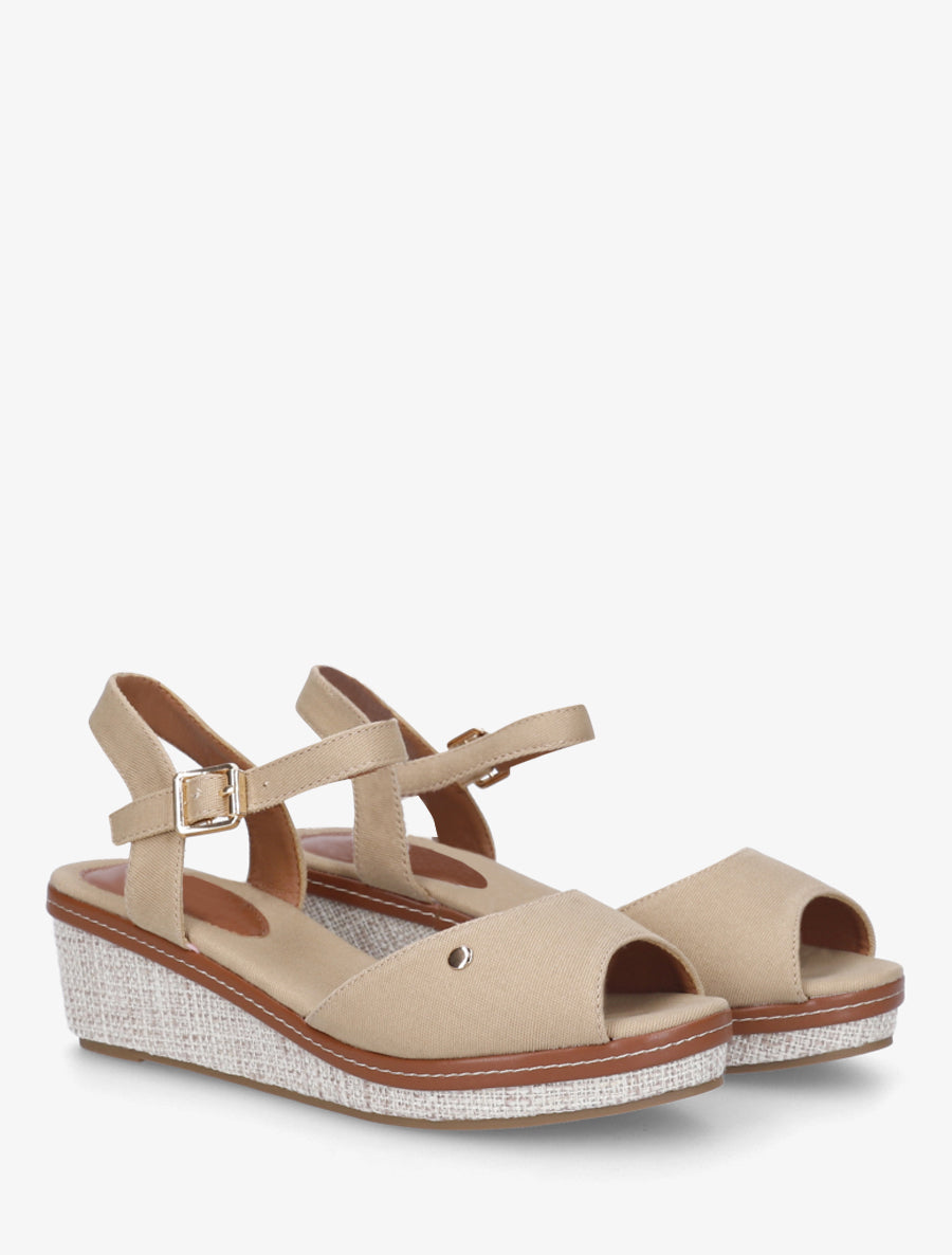 Sandales compensées en tissu - Beige - 4