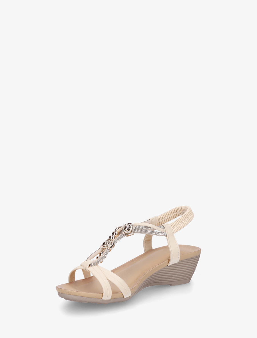 Sandales compensées à empiècement perles et strass - Beige - 3