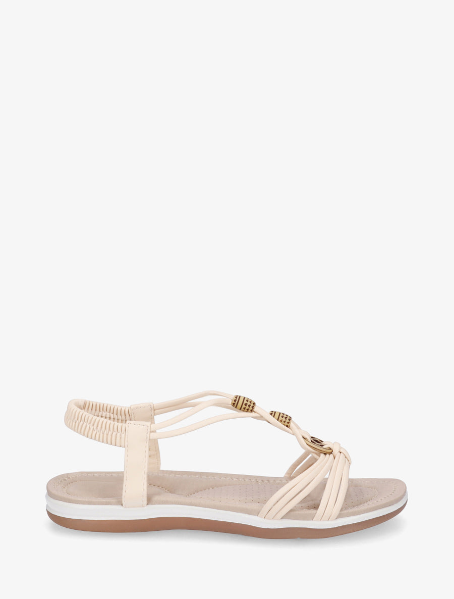 Sandales à perles en bois et cheville élastiquée - Beige - 1
