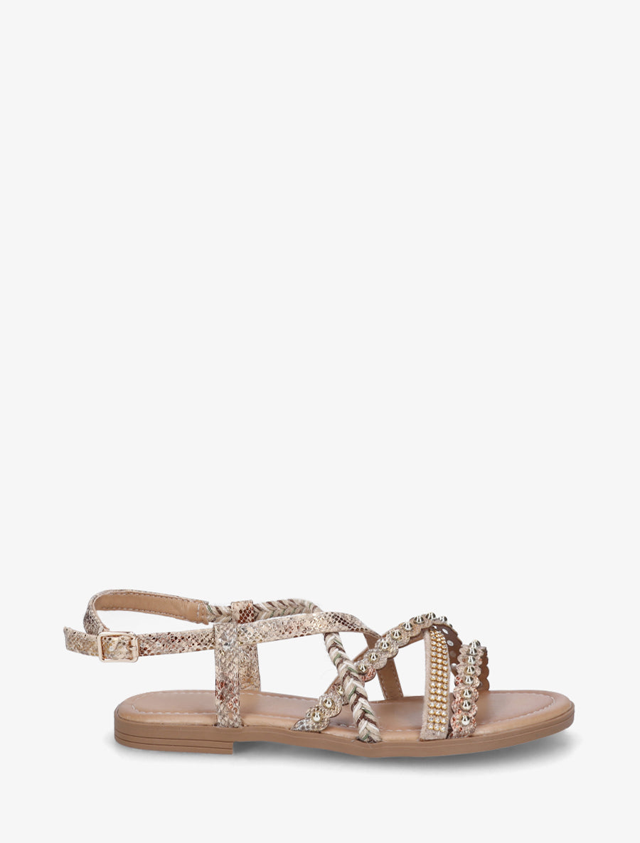 Nu-pieds python à clous et strass - Beige - 1