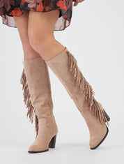 Bottes suédine franges talon 8,5cm - Beige