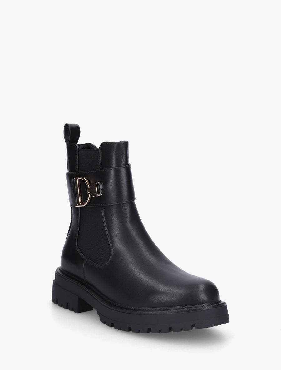 Bottines montantes à boucle décorative dorée - Noir - 2