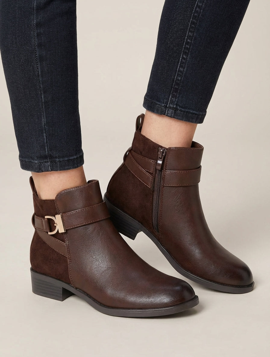 Bottines talon bloc à zip intérieur - Marron