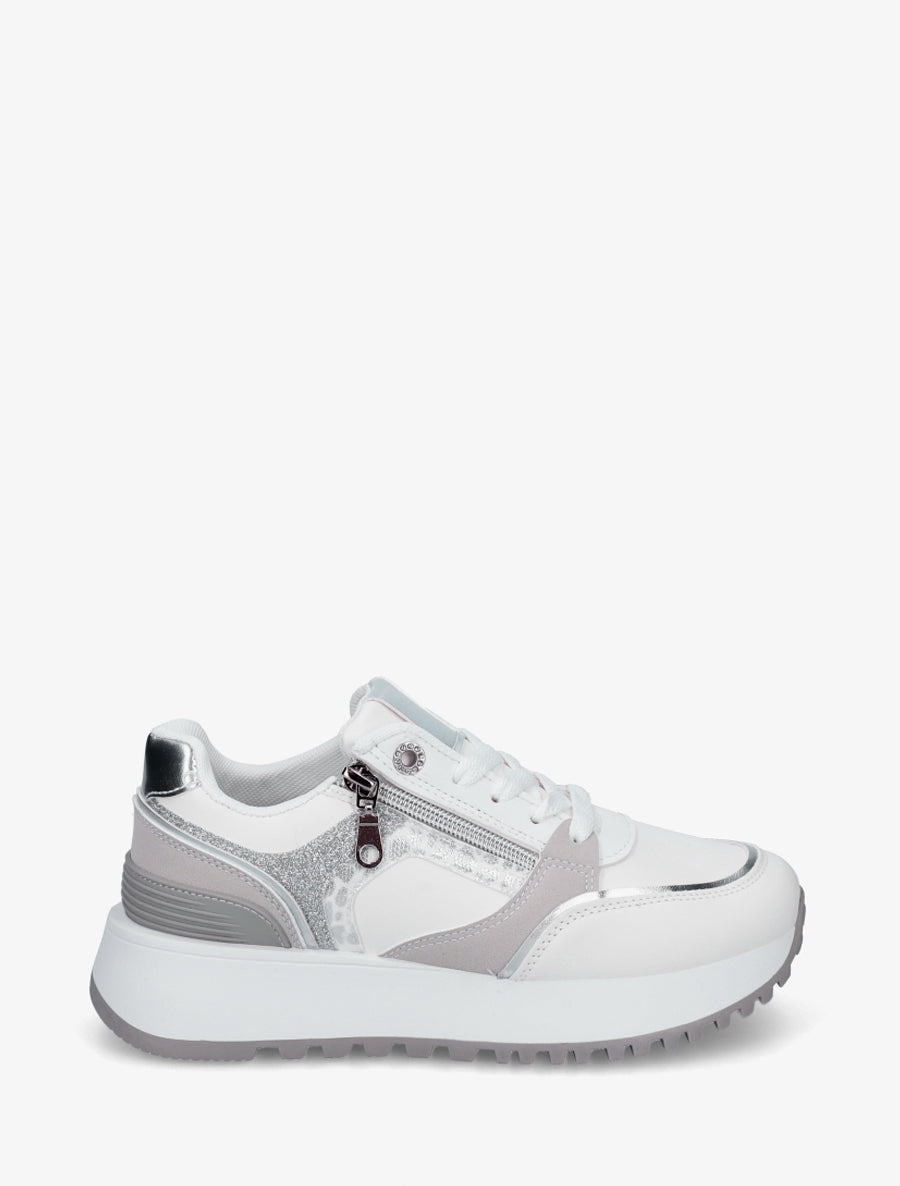 Sneakers à zip décoratif et bandes dépareillés - Blanc - 1