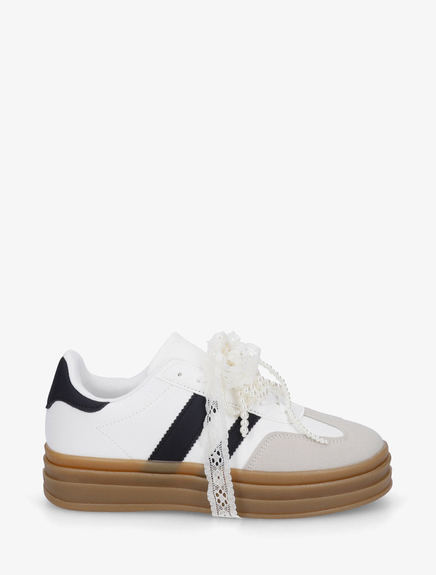 Sneakers effet nubuck à lacets stylisés - Blanc - 1