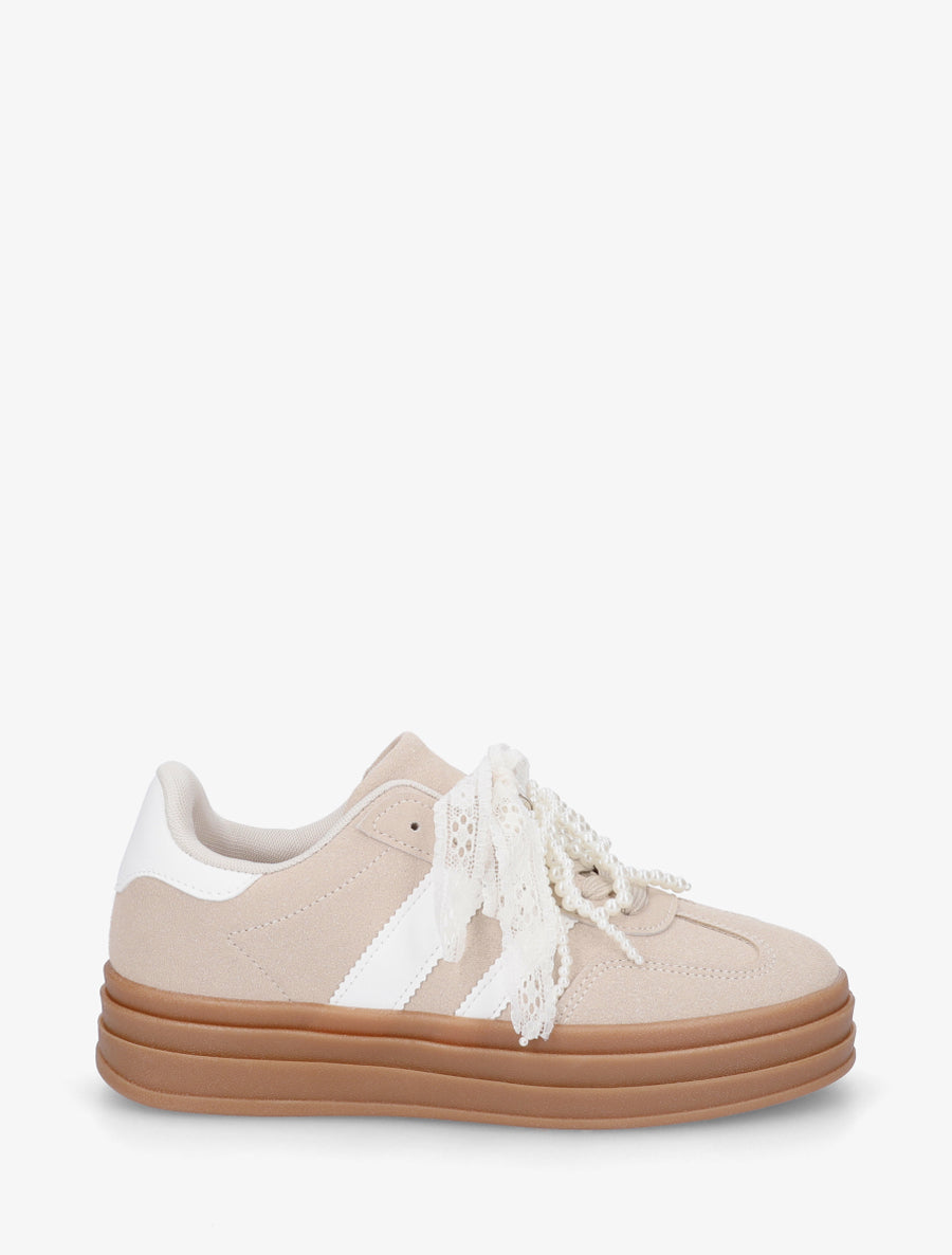 Sneakers effet nubuck à lacets stylisés - Beige - 1