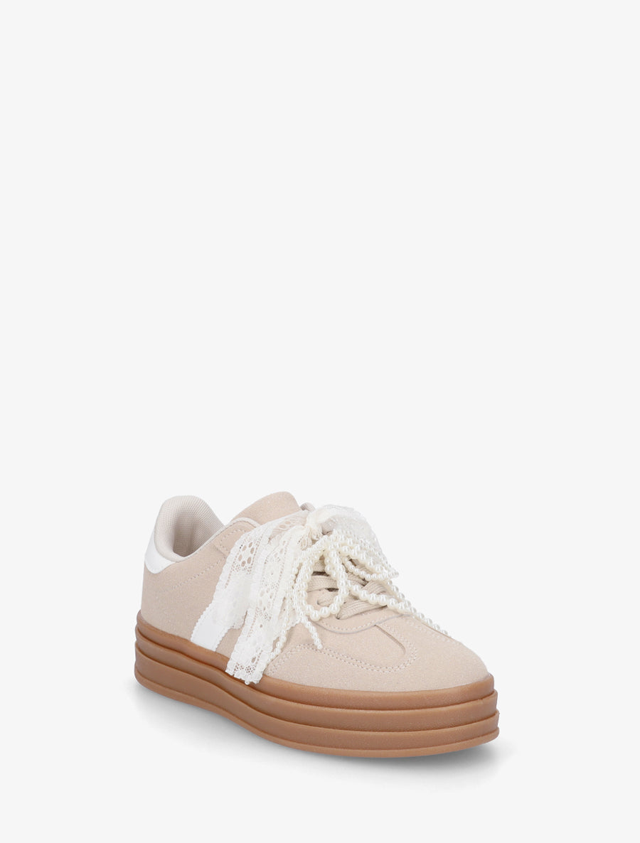 Sneakers effet nubuck à lacets stylisés - Beige - 2