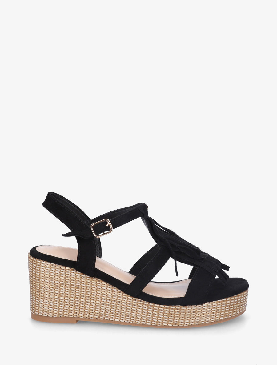 Sandales compensées à franges - Noir - 1