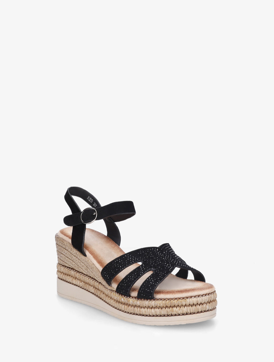Sandales talon compensé à bride strassée - Noir - 2