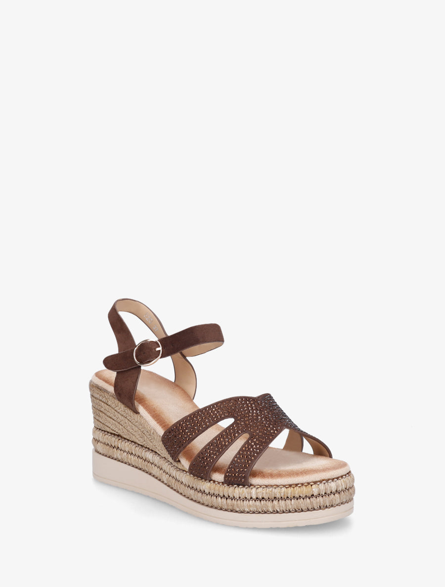 Sandales talon compensé à bride strassée - Marron - 2