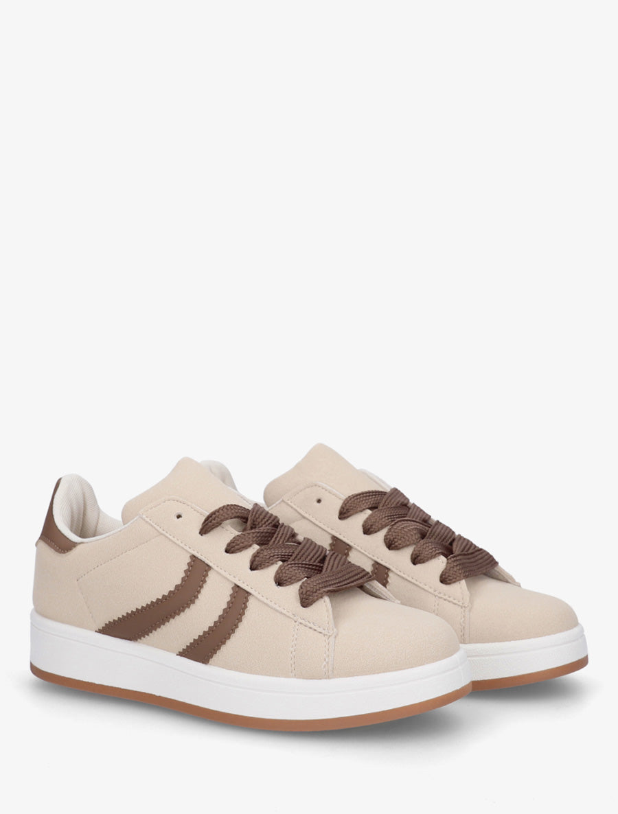 Baskets effet nubuck à bandes dentelées - Beige - 4