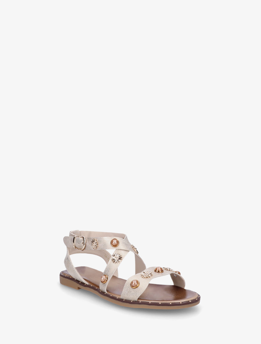 Nu-pieds strassés à semelle plate cloutée - Beige - 2