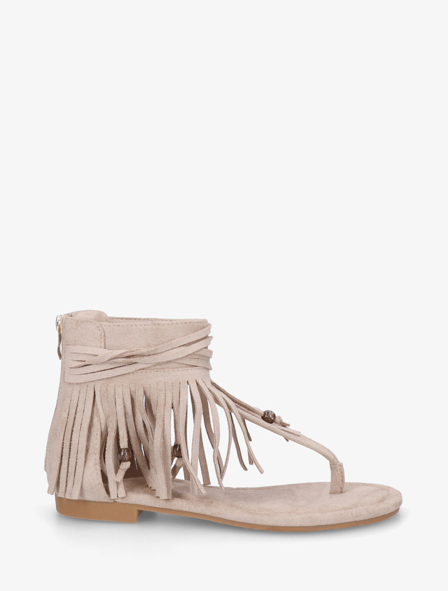 Sandales plates montantes à franges en suédine - Beige - 1