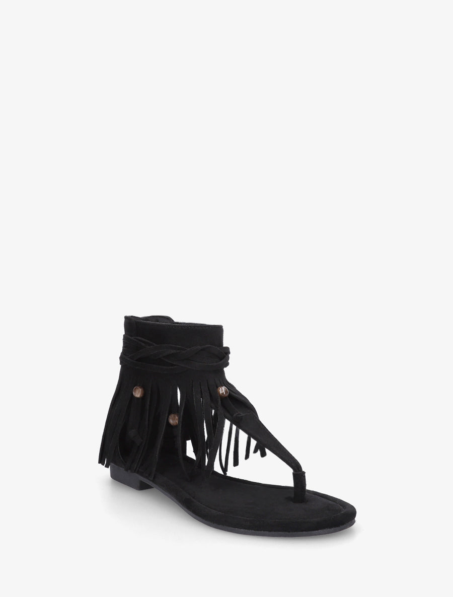 Sandales plates montantes à franges en suédine - Noir - 2