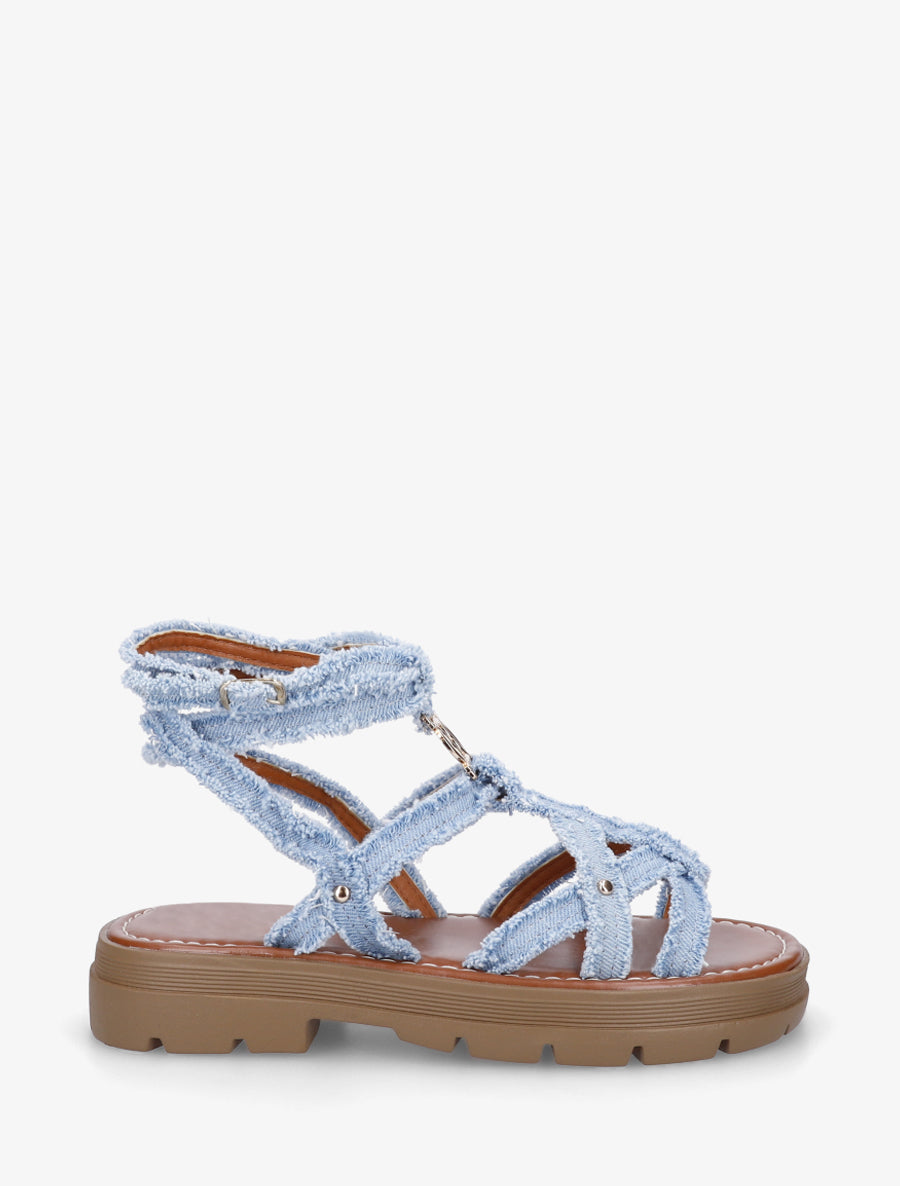 Sandales plates en tissu à brides croisées - Bleu denim - 1
