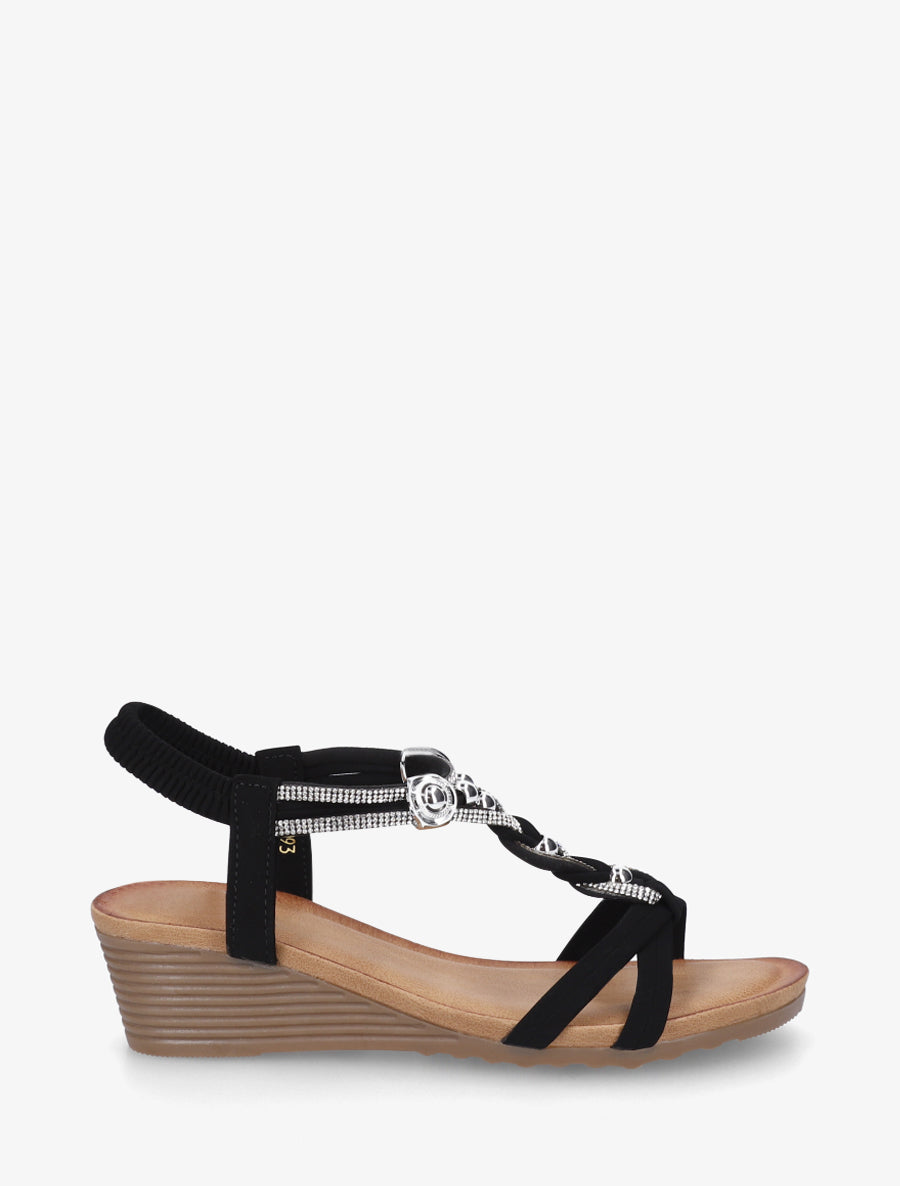 Sandales élastiquées à bijoux et strass - Noir - 1
