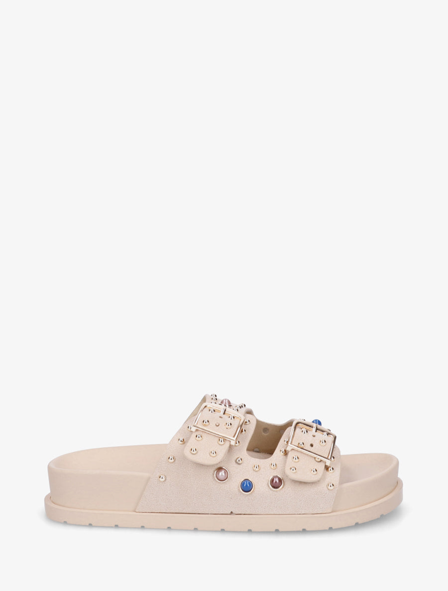 Claquettes en suédine à perles et clous - Beige - 1