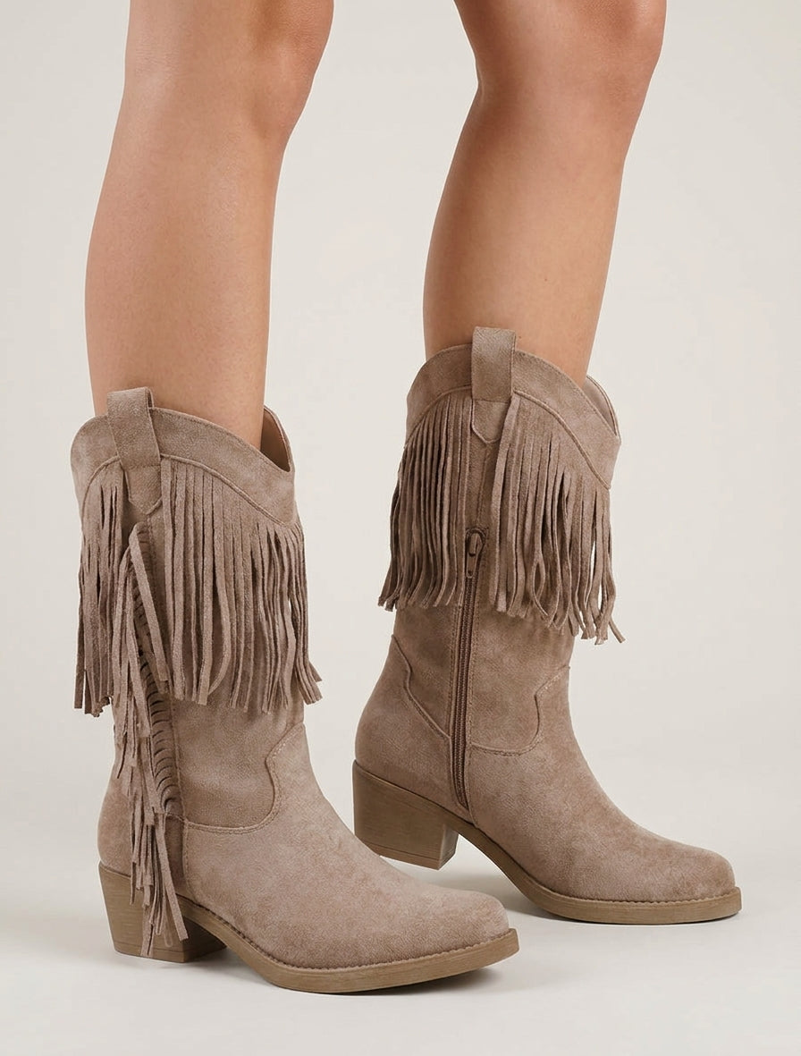 Bottines style santiags à franges - Taupe