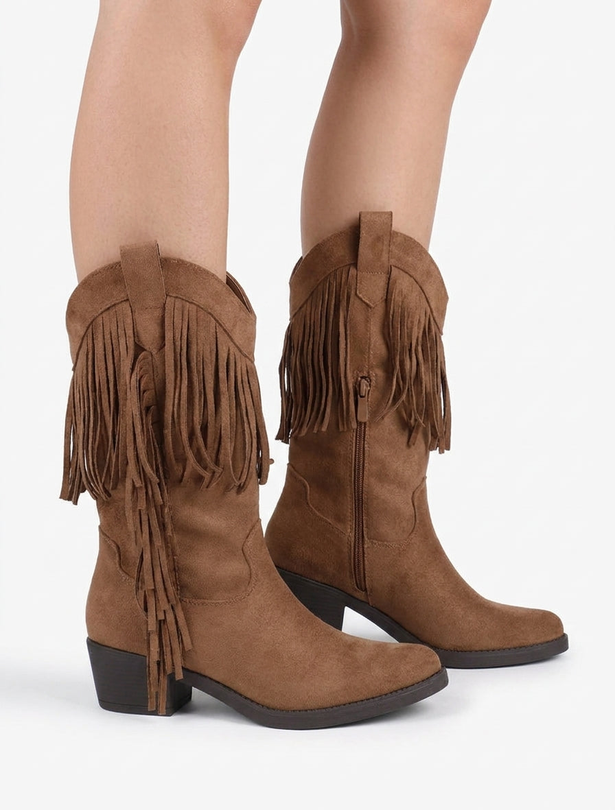 Bottines style santiags à franges - Camel