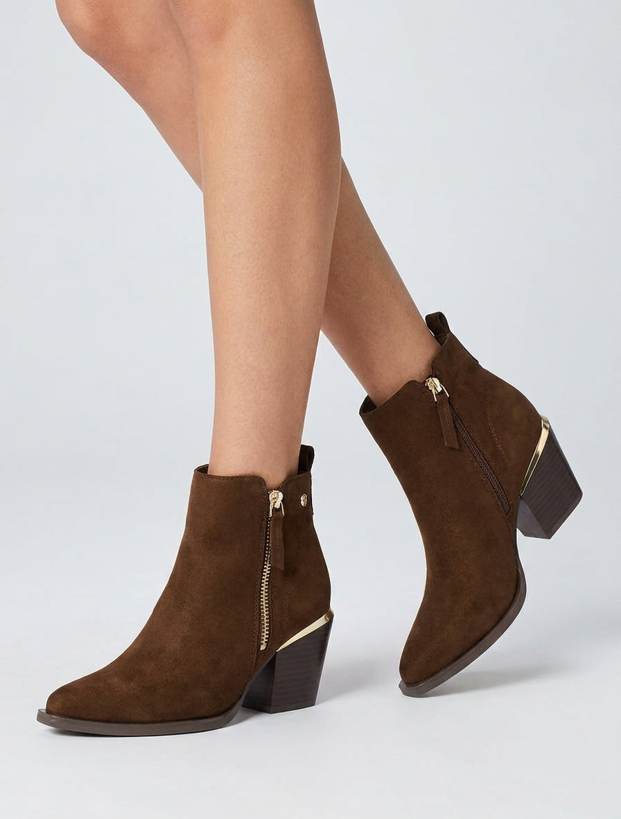 Bottines en suédine à zip décoratif et bouts pointus - Marron