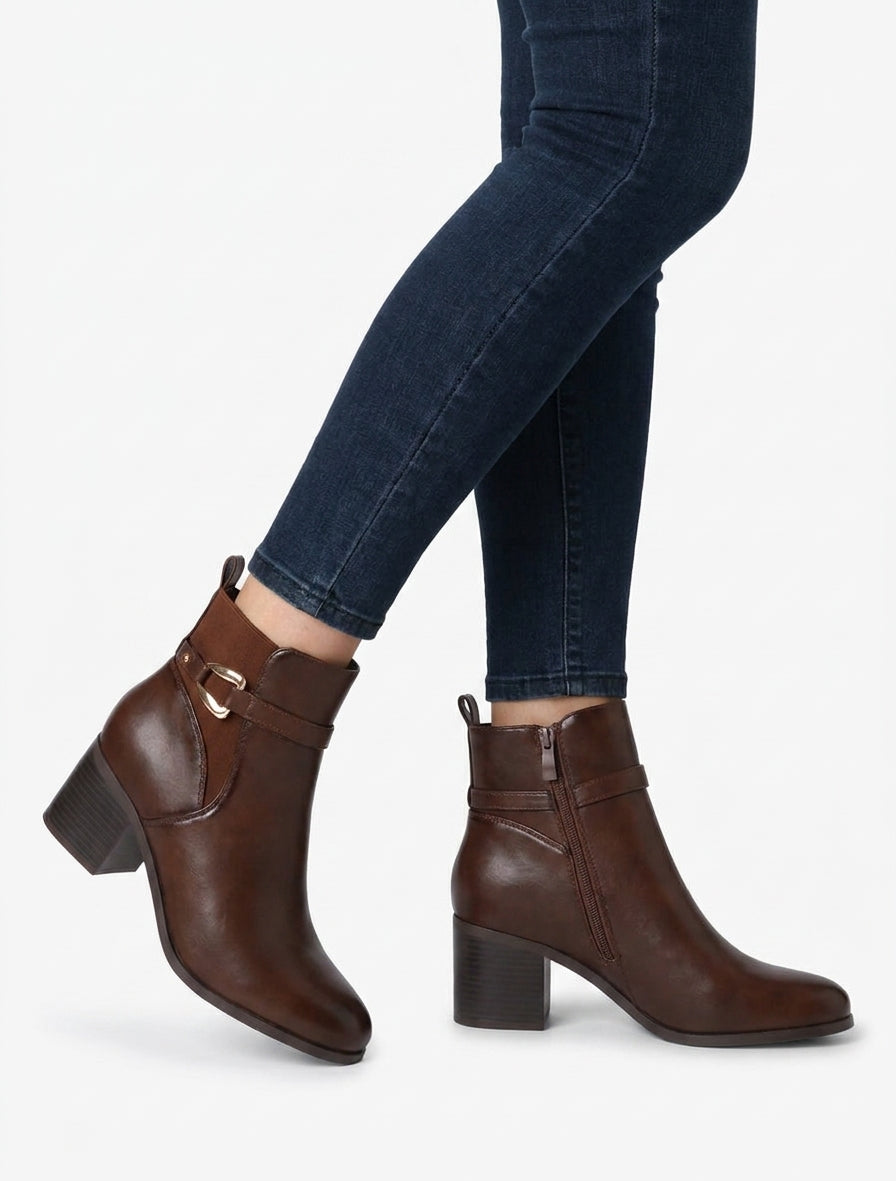 Bottines en simili à cheville élastiquée - Marron