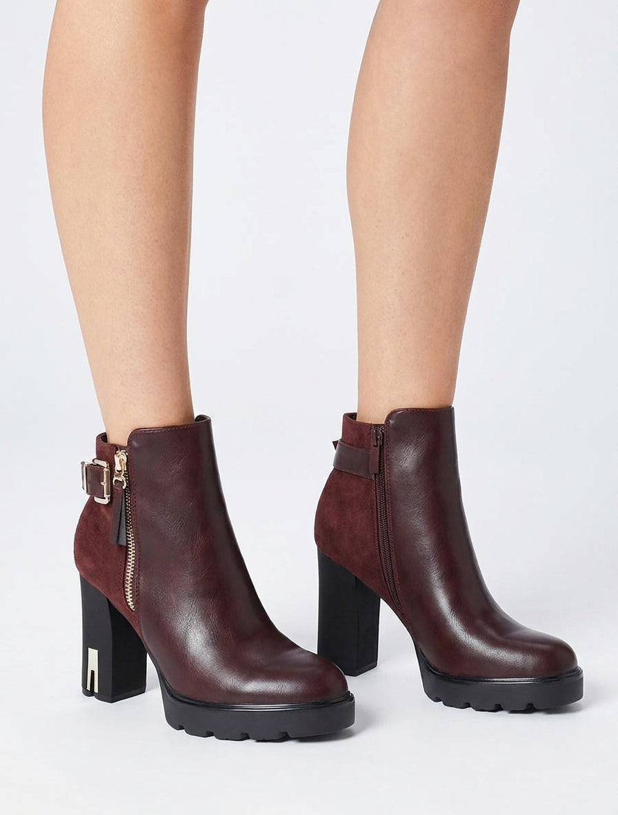 Bottines bimatière à zip décoratif - Lie de vin