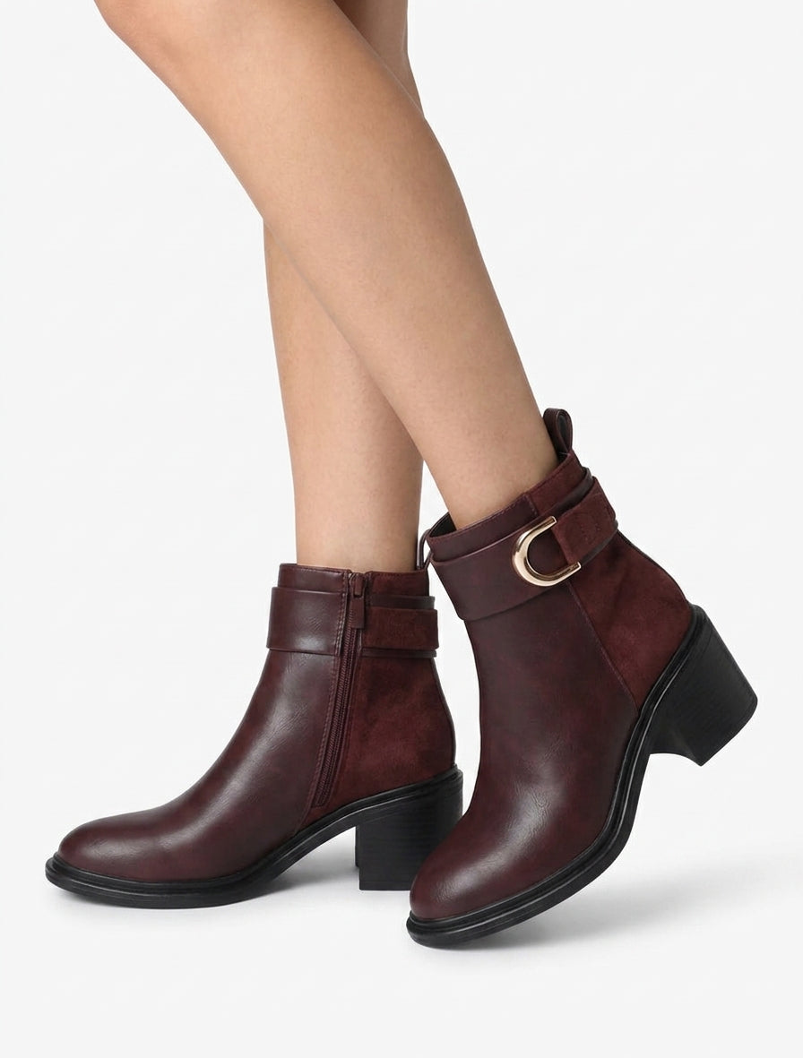 Bottines bimatière à talon bloc - Lie de vin
