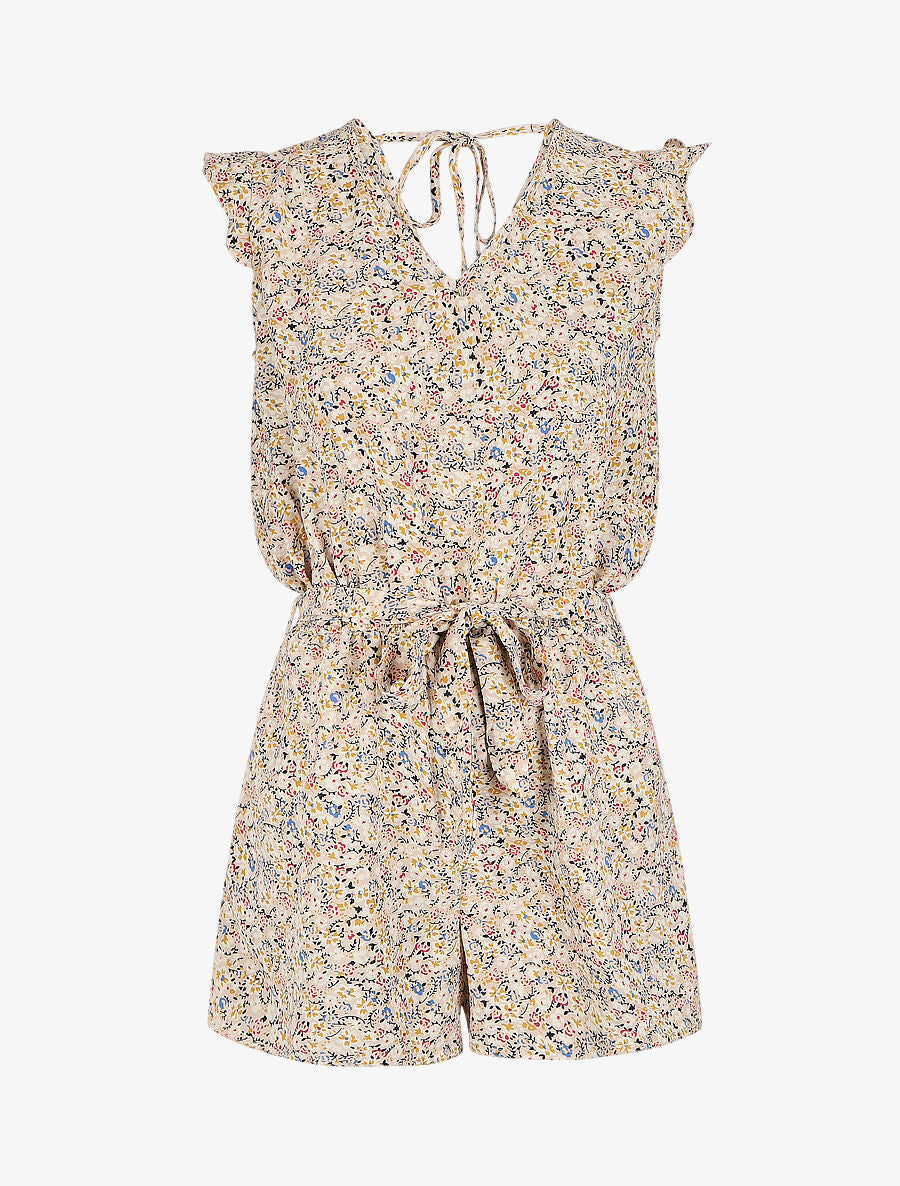 Combishort à imprimé fleuri et liens à nouer au dos - Beige - 4