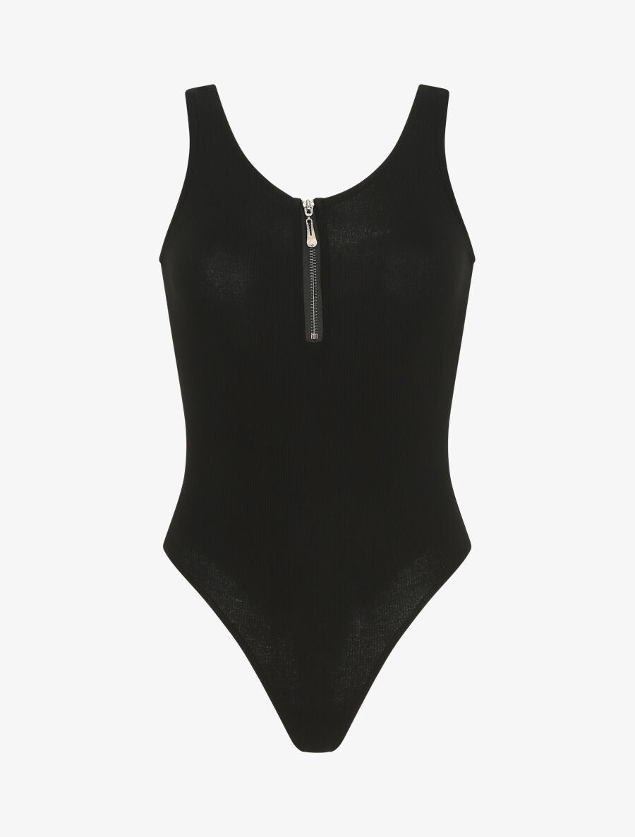 Body uni côtelé à col zippé - Noir - 1