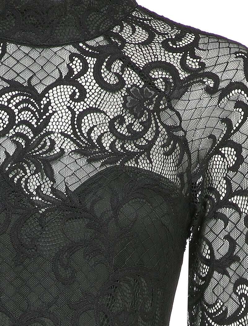 Body en dentelle à col montant - Noir - 3