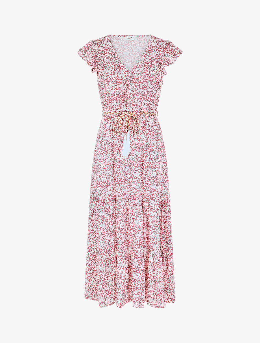 Robe longue élastiquée à imprimé petites fleurs - Rouge - 5