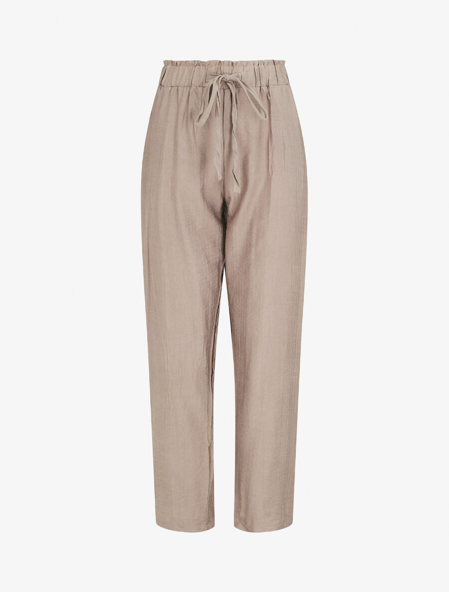 Pantalon droit fluide taille haute élastiquée - Beige - 1
