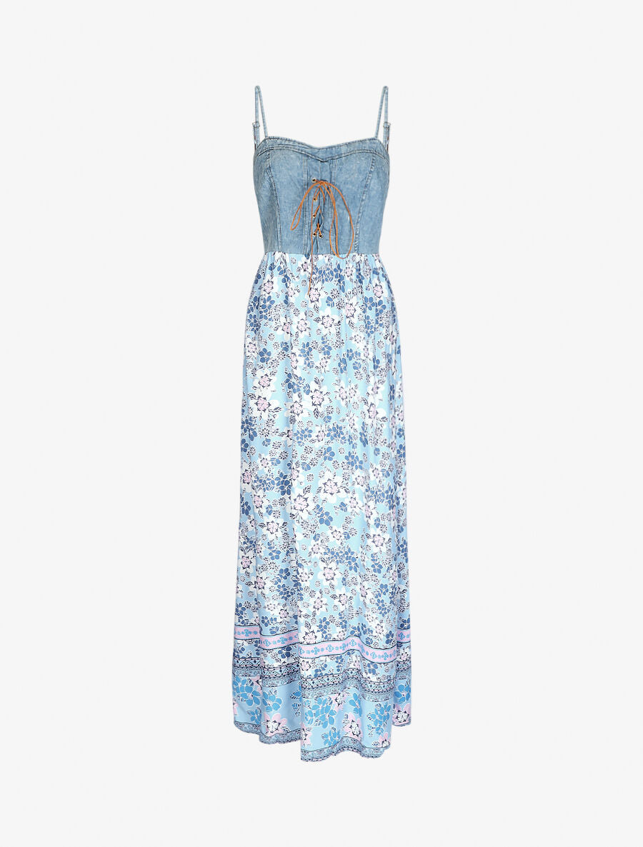 Robe longue bi-matière imprimé fleurs - Bleu ciel - 1