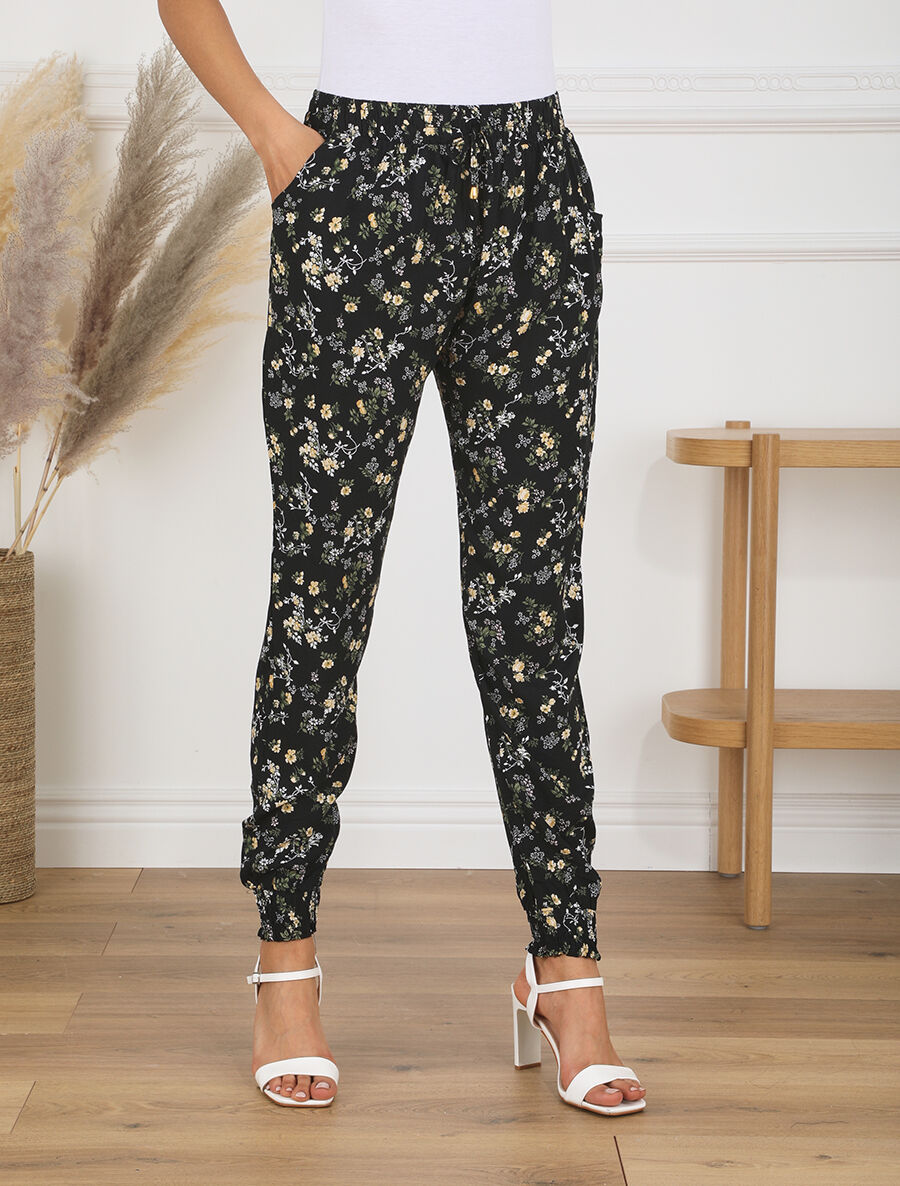 Pantalon style jogging imprimé petites fleurs - Noir - 4