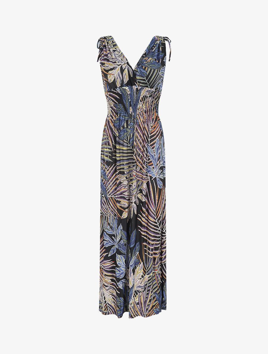 Robe longue élastiquée imprimé feuilles exotiques - Noir - 5