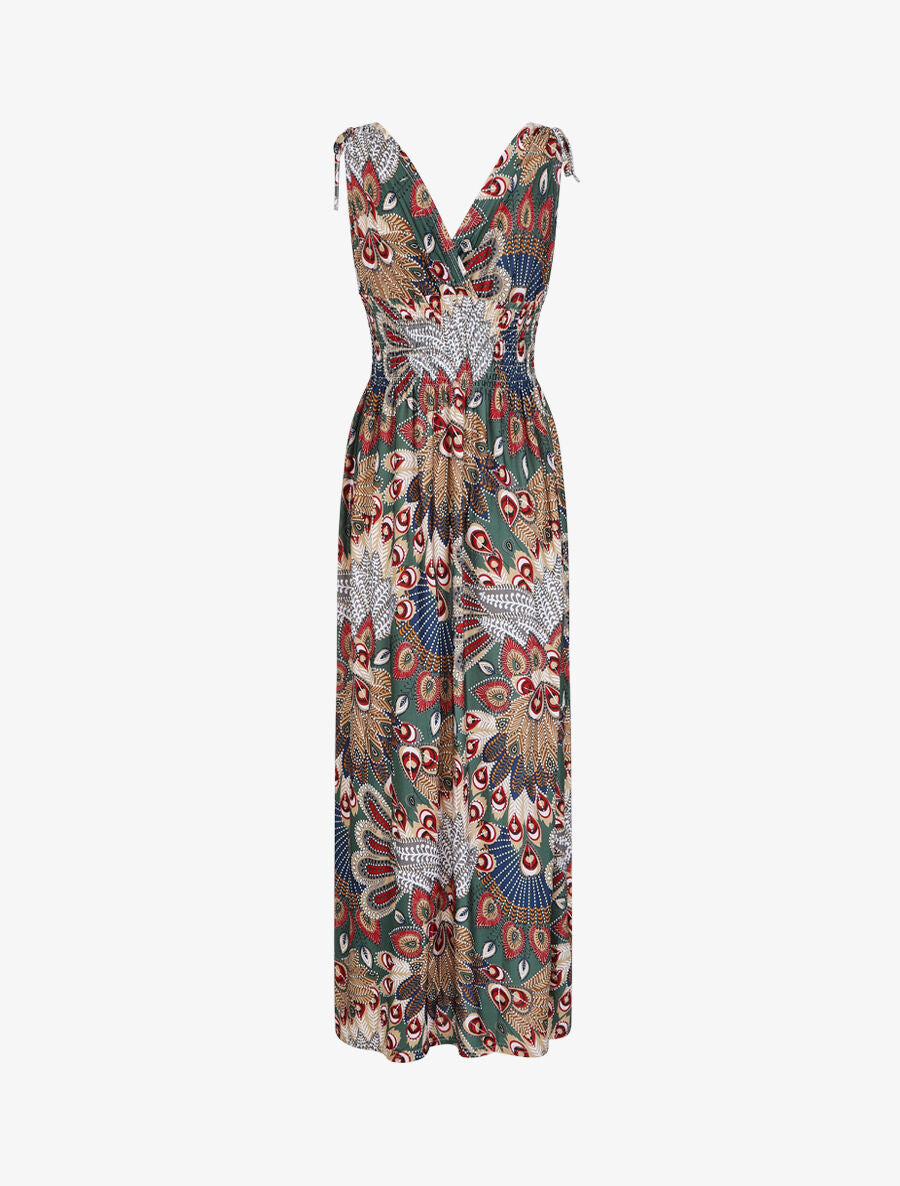Robe longue à bretelles imprimé plume de paon - Vert/bleu - 2