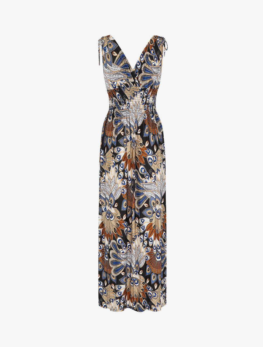 Robe longue à bretelles imprimé plume de paon - Noir/bleu - 1