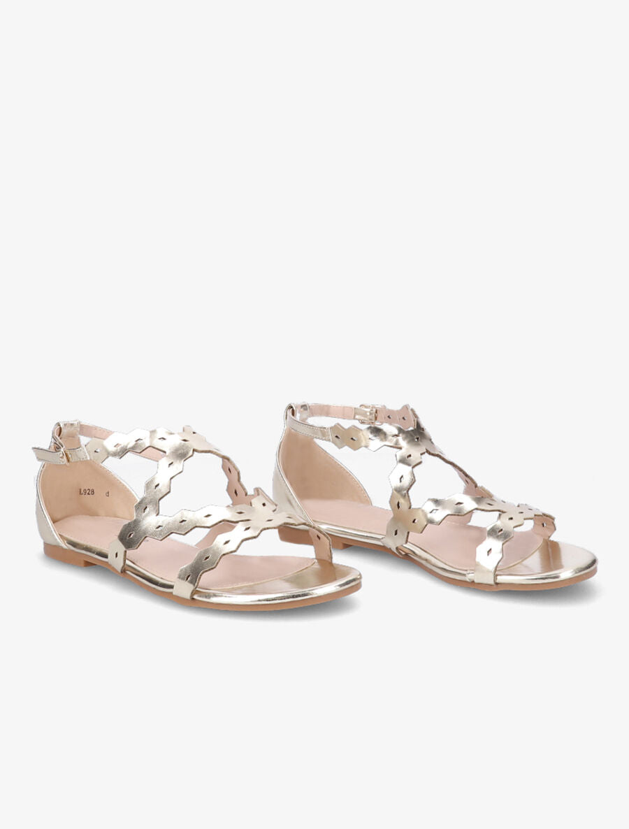 Sandales plates en simili nacré à brides dentelées - Or - 4