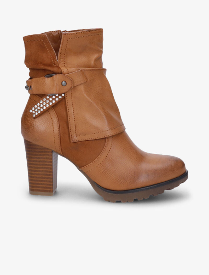 Bottines montantes bi-matière à sangle cloutée - Camel - 2