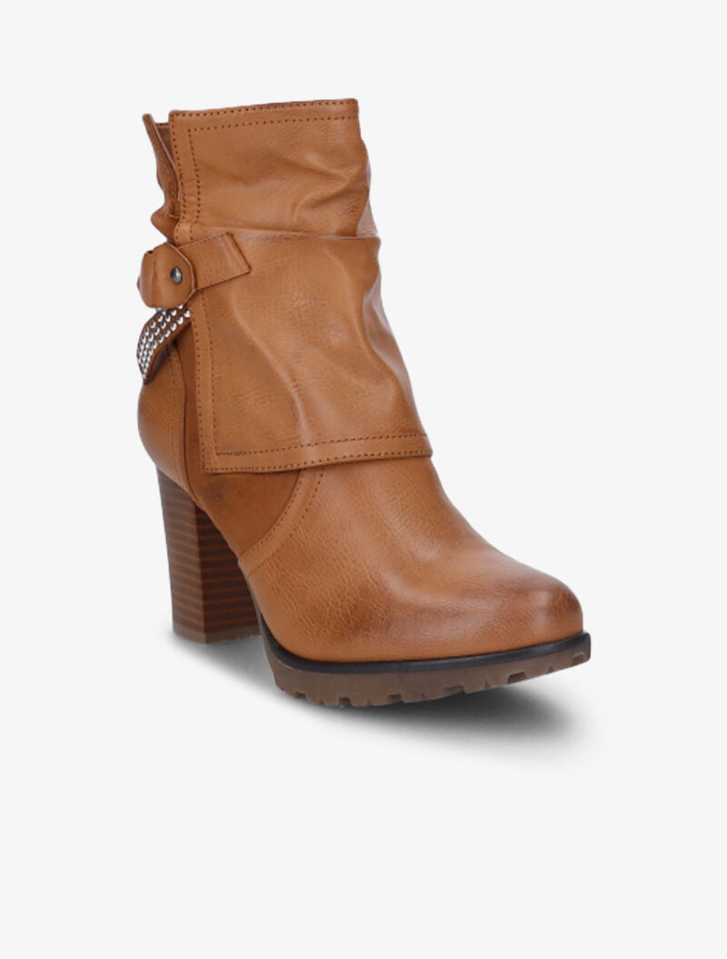 Bottines montantes bi-matière à sangle cloutée - Camel - 3