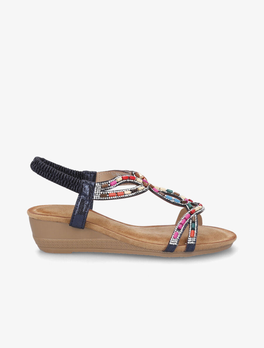 Nu-pieds à brides ornées de strass et perles - Marine - 5