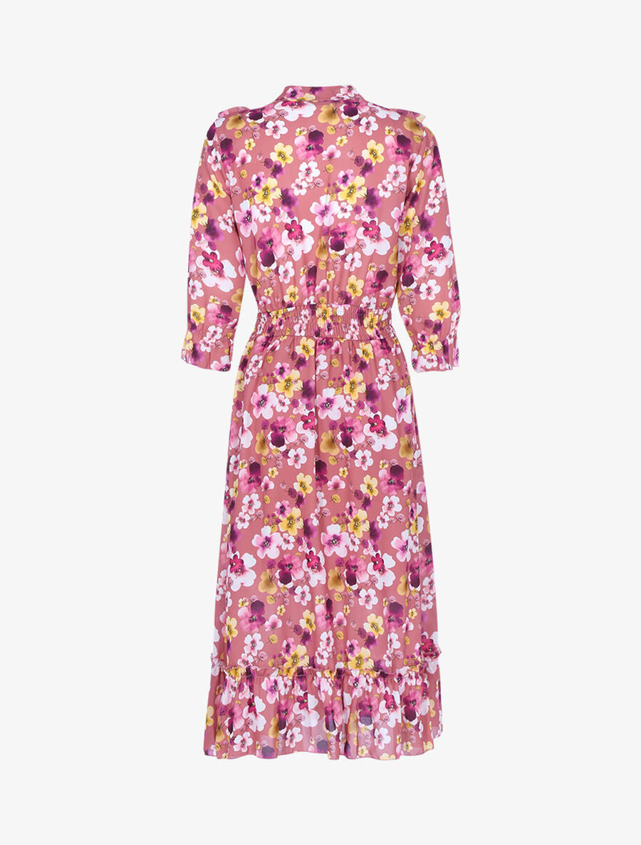 Robe fleurie à bandes volantées - Rose foncé - 2