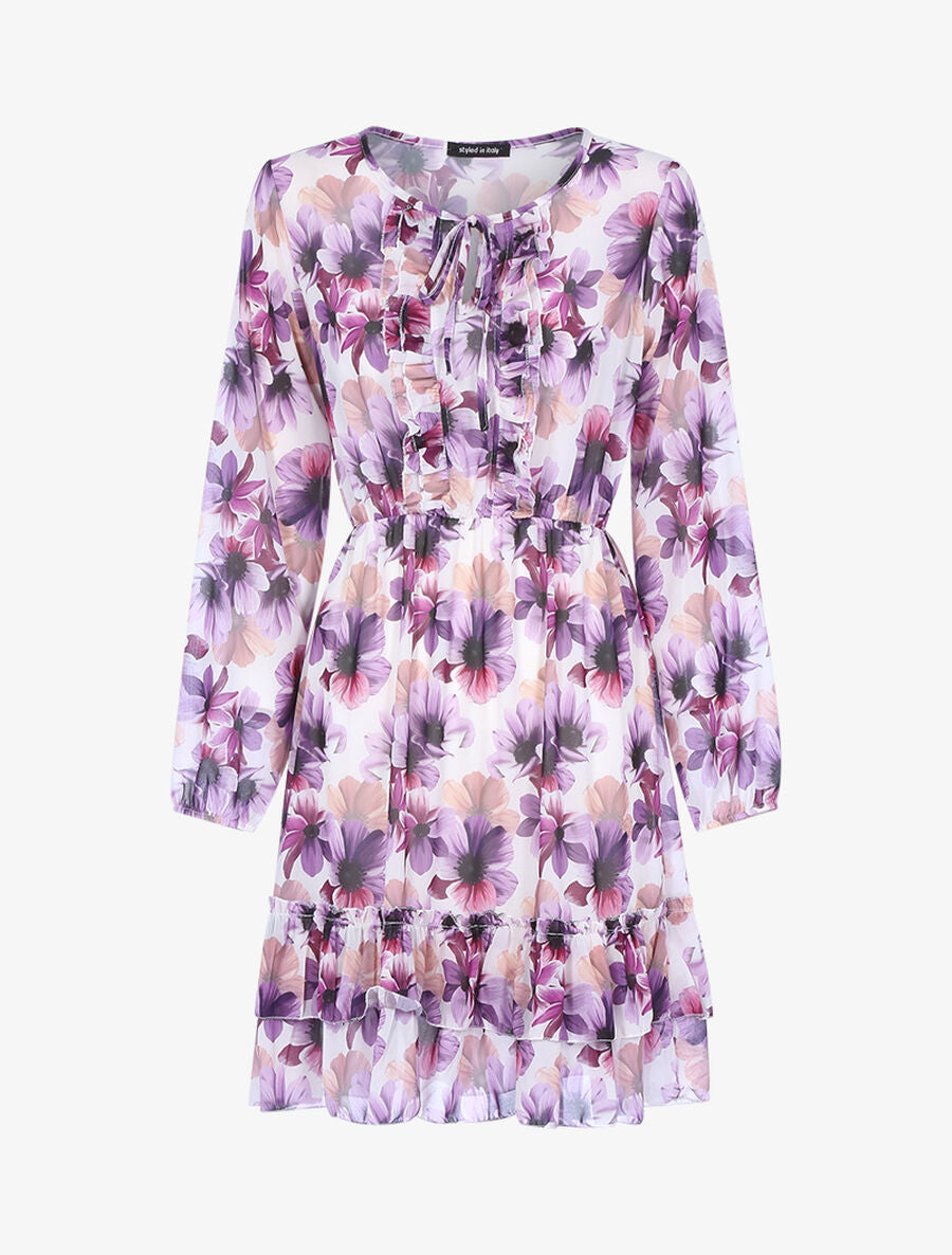 Robe fleurie à volants - Blanc/violet - 1