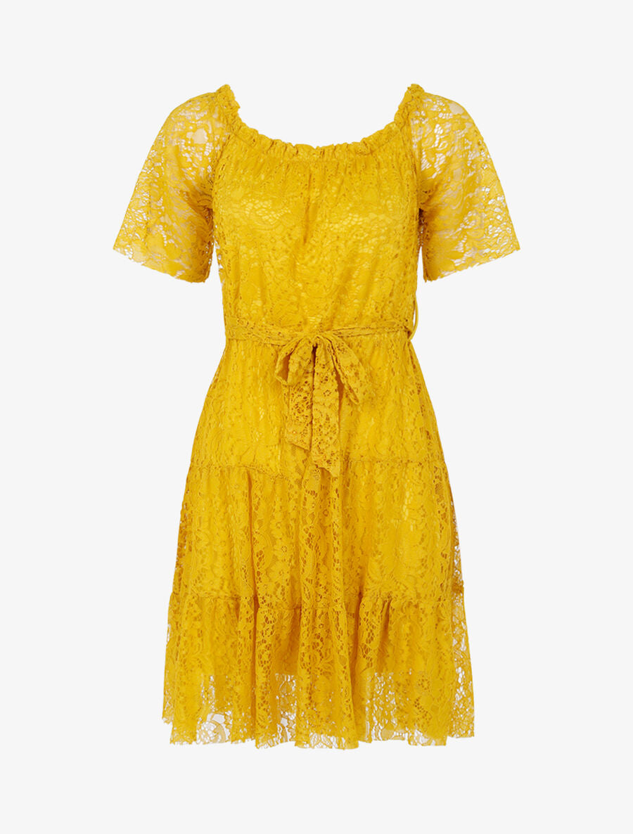 Robe en dentelle fleurie doublée - Jaune - 1