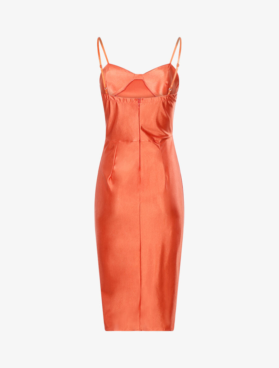 Robe satinée échancrée à plis - Orange - 2