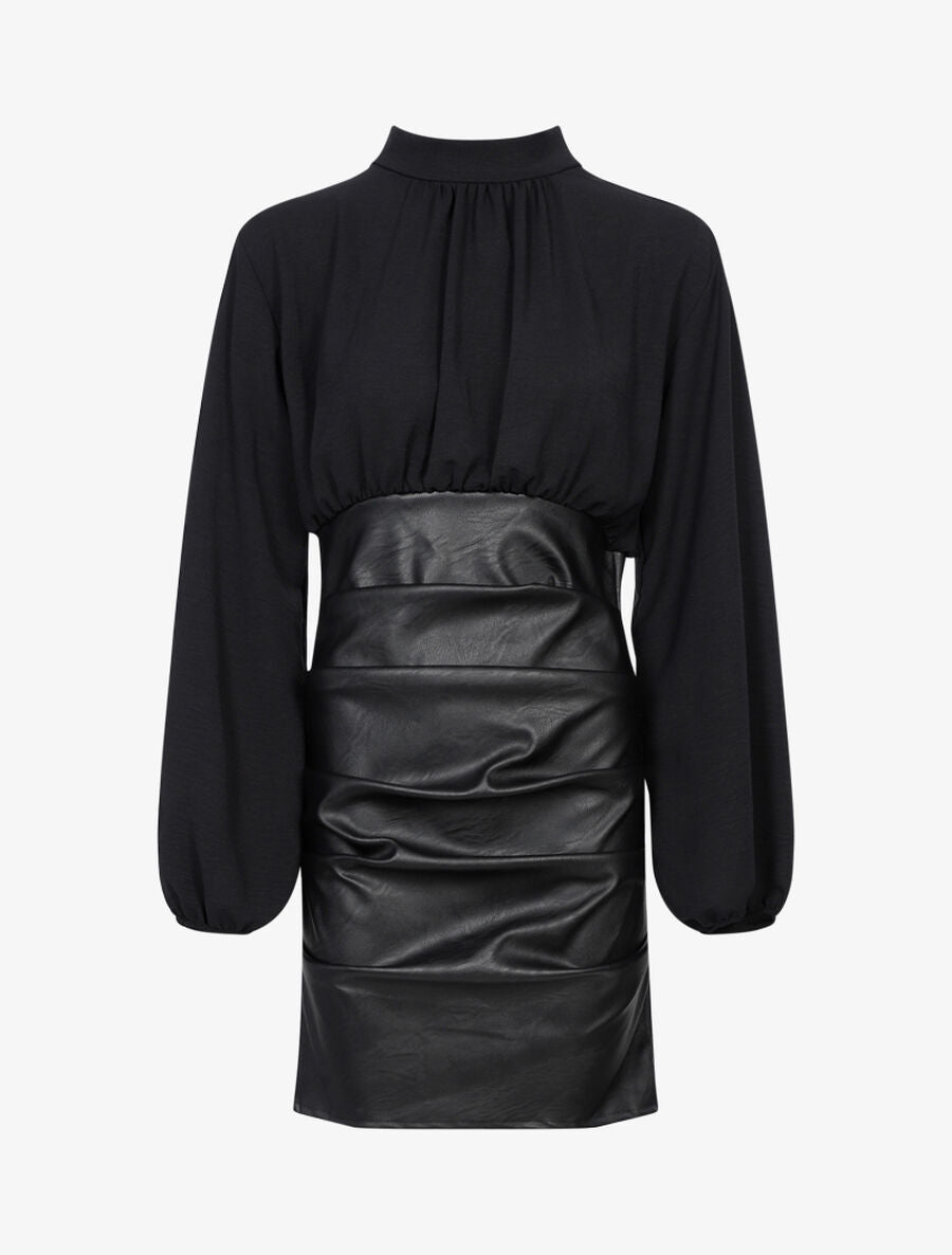 Robe en voile et bas plissé en simili - Noir - 1
