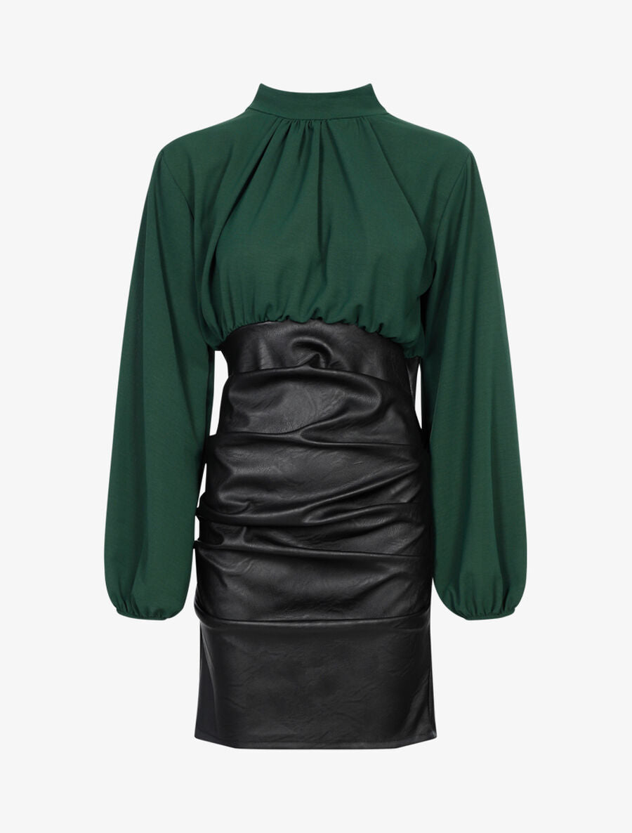 Robe en voile et bas plissé en simili - Vert/noir - 1