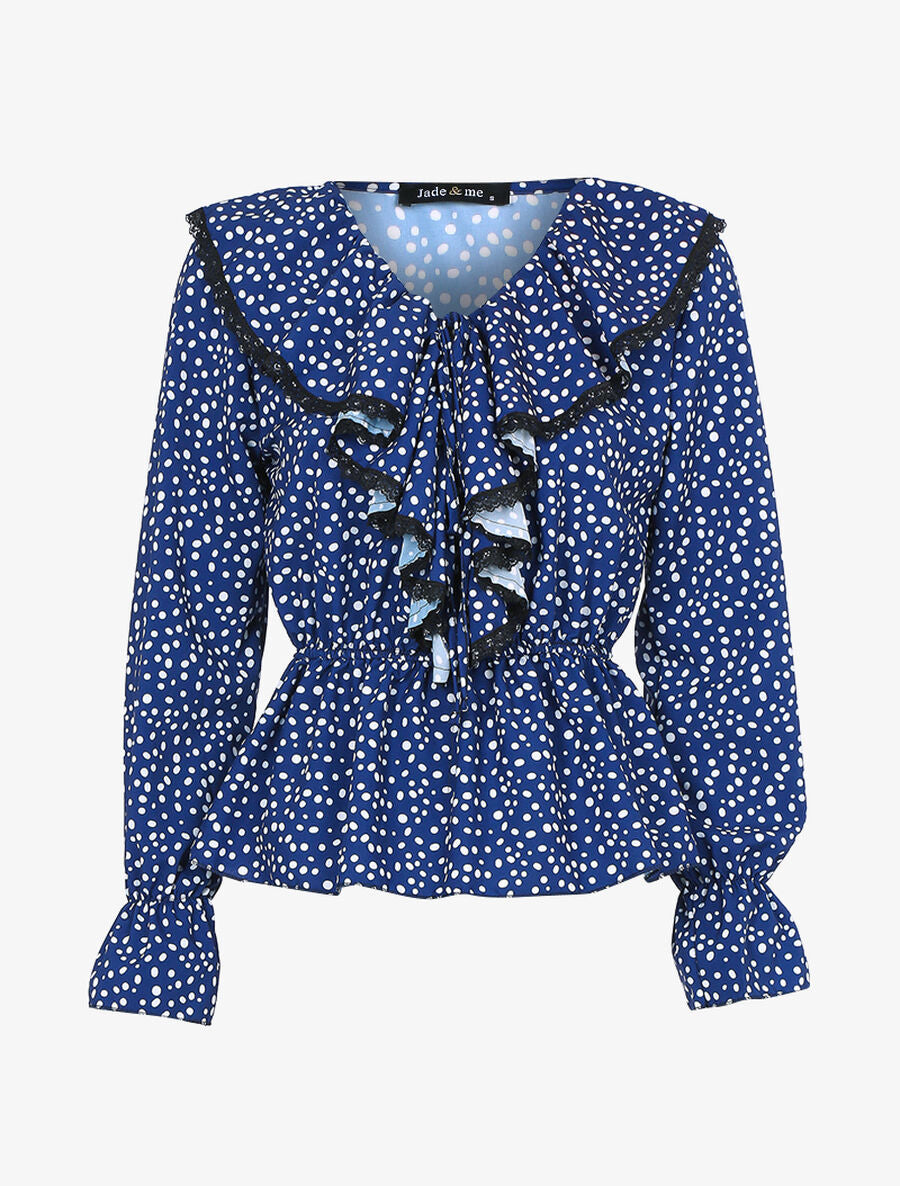 Blouse à jabot imprimé à pois - Bleu nuit - 1