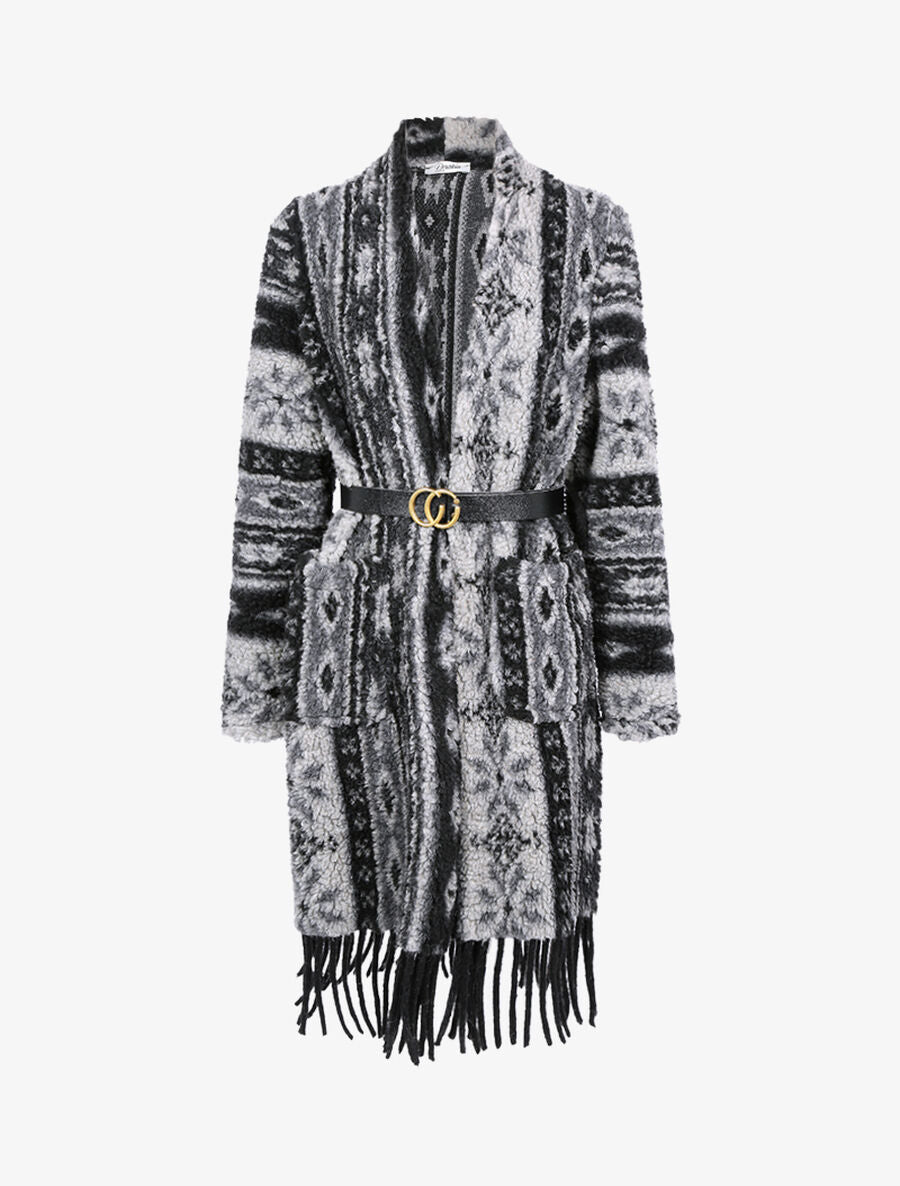 Manteau duveteux à imprimé graphique - Noir - 1