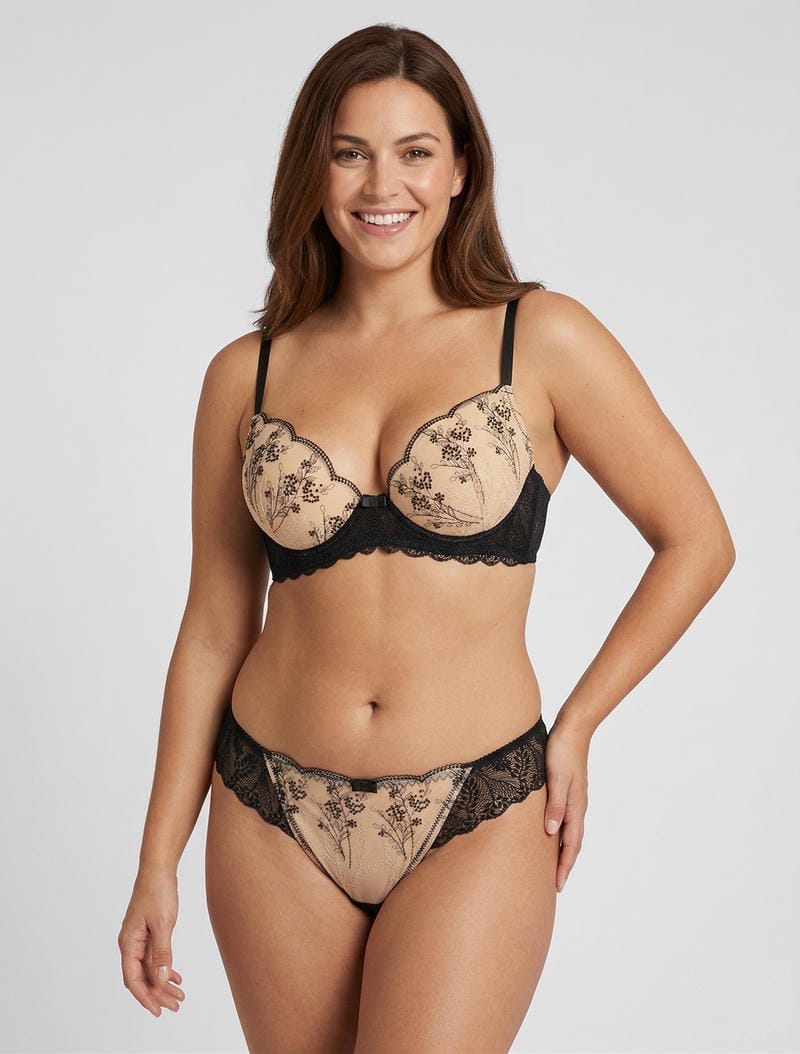 Ensemble soutien-gorge et tanga en dentelle irisée - Noir/beige